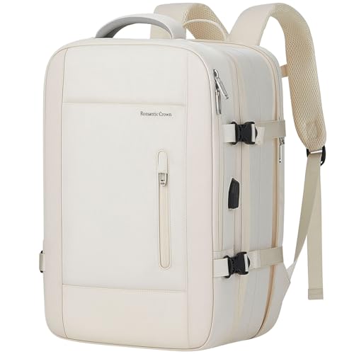 Romantic Crown Mochila de Viagem Expansivel Masculina Feminina, Mochila Para Notebook Executiva Impermeável Reforçada Cabo USB, Trabalho, Escola, Viagens (Bege)