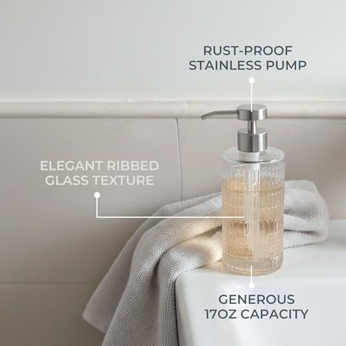 Image of Fluted Glass Soap Dispenser with Stainless Steel Pump for Bathroom, 17oz | Vintage Art Deco Reeded Glass, Refillable Clear Ribbed Bottle, Rust-Proof Pump, for Kitchen Countertop