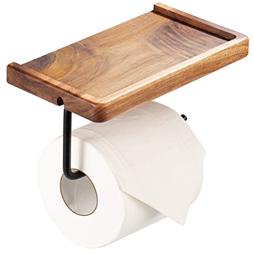 Yangbaga Toilet Paper Holder with Shelf: Wall Mount Bathroom Tissue Roll Storage with Adhesive& Screw Matte Black Aluminum Alloy Bathroom Accessories Wood Shelf for Phone Wipes