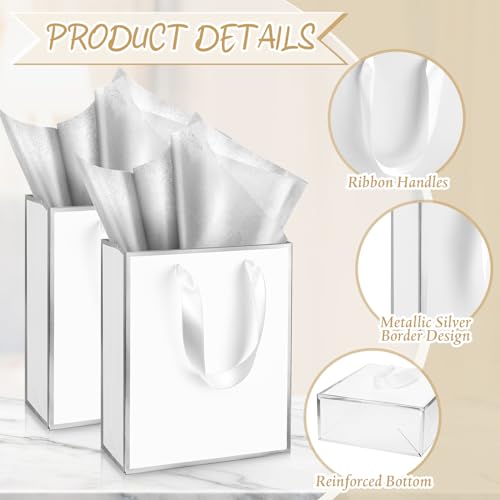 Image of Yeaqee 24 Pack Metallic Paper Gift Bag with Tissue, White, Silver | with Satin Ribbon Handle and Tissue, 9x7x3.1 Inch, Suit Business, Birthday, Christmas, Thank You Return Gifts Bags