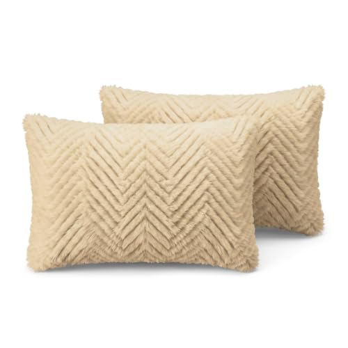 Image of Wakefit Designer Cushion Cover | 12x18 inch | Plush Fur Feel | Velvet Fabric | Machine Washable | Pack of 2 | Fur Beige