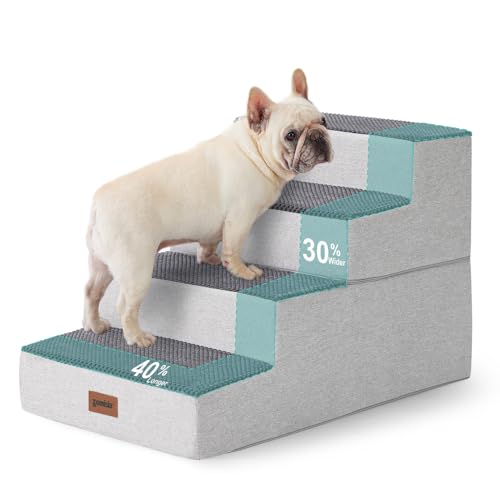 Image of ZOMISIA Dog Stairs for Large Dogs - Extra Wide Pet Stairs 2 in 1 with Zippers Suitable for Couch and Bed, 35D Foam Dog Steps with Non Slip Bottom Grey 4 Steps, Grey