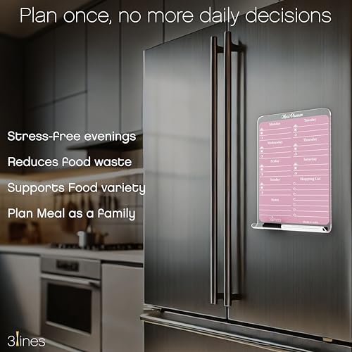 Image of 3 Lines ClearBite Acrylic Magnetic Meal Planner Board | Sleek & Durable | Includes Marker & Duster | 24x16 CM | Perfect for Meal Planning, Shopping Lists, Notes | Ideal for Home, Office | Plum