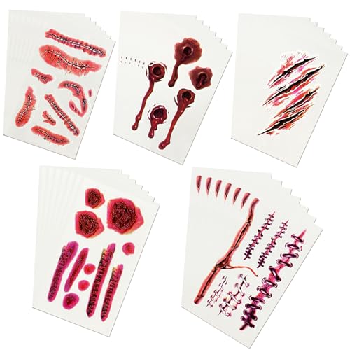YAUOIPI 35 Blatt Gesichtstattoo Karneval Kostüm Zombie Make Up Zubehör, Klebetattoos zu Halloween mit Narben, Blut, Wunden, Kratzern, Temporäre Tattoos Halloween Zombie Scars Tattoos Aufkleber (Rot)