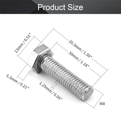 Image of MroMax 5Pcs M8-1.25 x 30mm Hex Head Screws Bolts, 316 Stainless Steel | Fully Threaded, Marine Grade A4-316, Corrosion Resistant, Silver, for Machinery & Marine Hardware, Replacement Fasteners