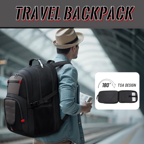 Image of Large Travel Backpack, 17.3 inch Laptop Backpack, Grey | 45L Capacity, 180 TSA-Friendly Carry On, Laptop Compartment, Water-Resistant, Adjustable Strap for Work Travel College