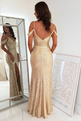 Women's Off The Shoulder Sequin Prom Dresses 2025 Sparkly V Neck Mermaid Formal Evening Party Gowns with Slit2