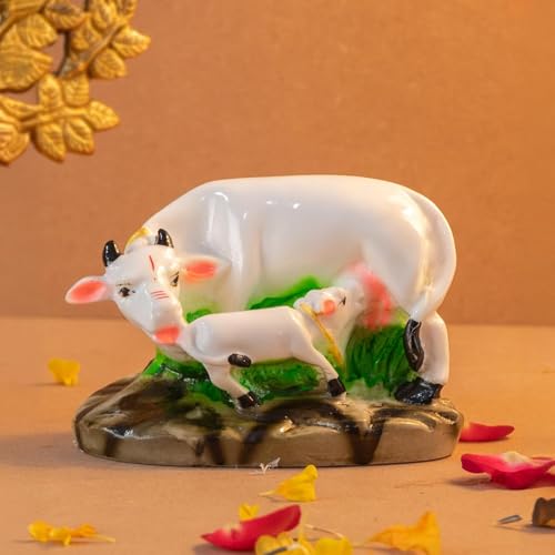 Image of Kamdhenu Cow and Calf Idol - 6 Inch Polyresin Marble Finish Gau MATA Murti | Vastu Statue for Home Temple Pooja Diwali Gift Showpiece Decor, Multicolor (COW-02)