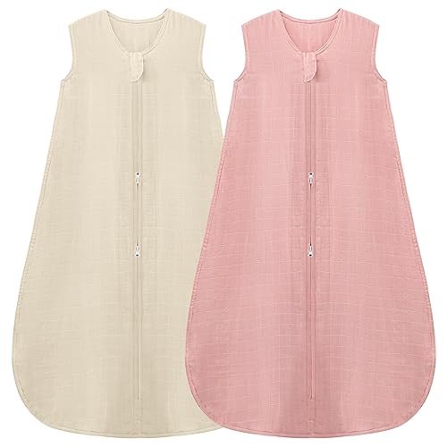 Image of Yoofoss Muslin Baby Sleep Sack 6-12 Months 100% Cotton 0.5 Tog Baby Wearable Blanket 2 Pack Lightweight and Breathable Sleeping Sacks 2-Way Zipper
