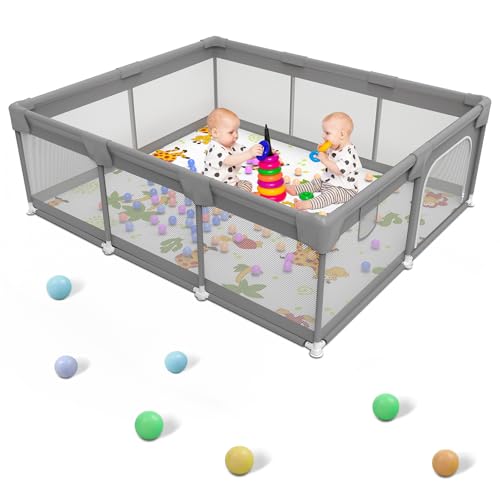 Palopalo - Palopalo Baby Playpen, 74"x50" Extra Large Playard for Babies and Toddlers, Baby Activity Center with 10 Suction Cup Bases, Infants Play Pen with Gate and Soft Breathable Mesh (Without Mat)