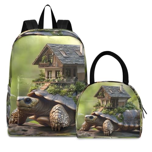House on Turtle Print Backpack Set with Lunch Bag, Large Capacity Travel Backpacks and Lunch Box Insulated for Commute Hiking Picnic