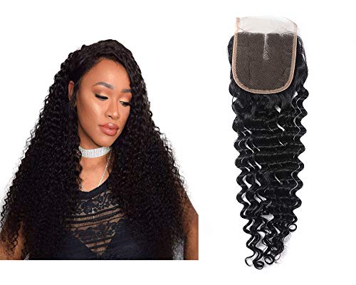 Deep Wave closure Brazilian Curly Hair Deep Wave 44 lace Brazilian Human Hair closure Natural Black Hair Deep Wave Curly Hair Extensions (14 inch closure)