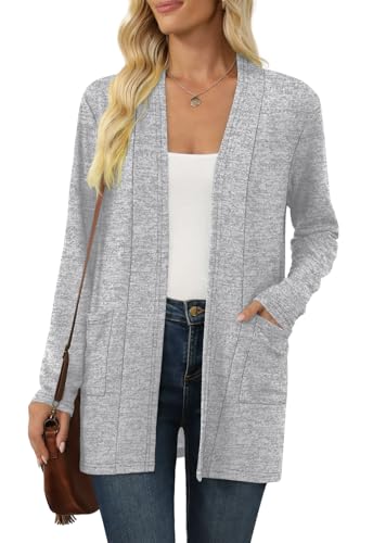 Kinnette Women's Long Sleeve Cardigan Lightweight Casual Open Front Cardigans with Pockets (Gray, M)