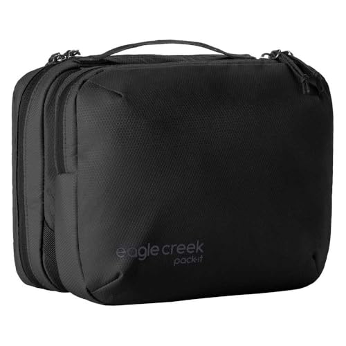 Eagle Creek Pack-It Trifold Toiletry Kit - Dopp Kit Toiletry Organizer with Padded Interior, Durable Hanging Hook & Large Compartments - Water Resistant & Washable - Black
