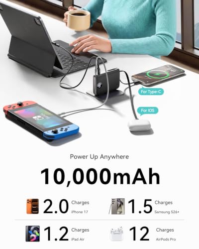 Image of Portable Charger Power Bank 10000mAh, 45% Smaller Built-in Cables & AC Plug