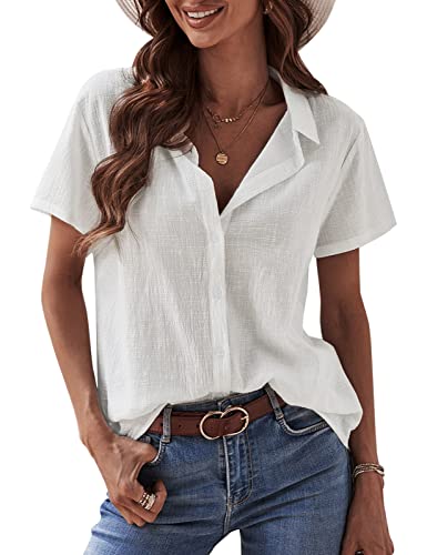 Short Sleeve Shirts for Women - Button Down Business Casual Tops Summer Cotton Linen Blouses Breathable V Neck T Shirt