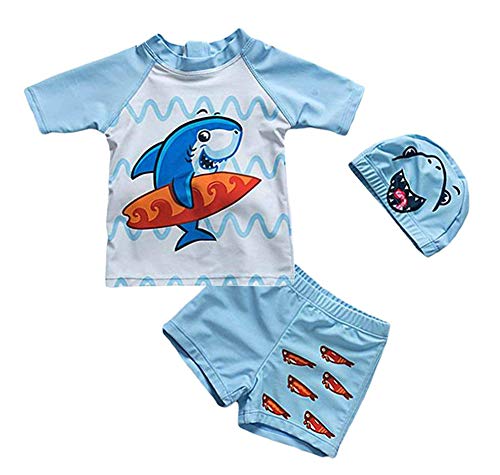 Baby Toddler Boys Two Piece Swimsuits Rash Guard Kids Short Sleeve Sunsuit Swimwear Sets with Hat UPF 50+ Blue Shark (3T, Blue Shark)