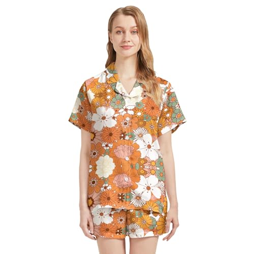 Image of Silk Satin Pajama Set for Women Summer Lounge Pjs Sets 2 Piece Suit Ladies Button Down Tops And Shorts Sleepwear