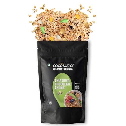 Image of COCOSUTRA Chia Soya Chocolate Chunk Breakfast Granola 1 kg | With Natural & Gluten Free ingredients| High Protein Cereal with Oats, Nuts, Seeds and Dry Fruits | Lightly sweetened with Jaggery