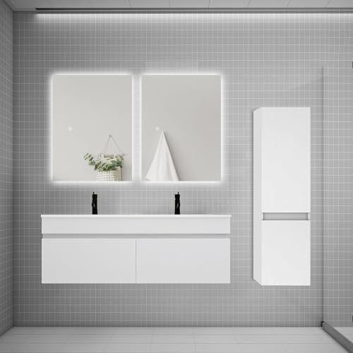 AICA Ensemble Meuble Salle de Bain avec Double Vasque 120cm lavabo + Colonne + Miroir,Blanc