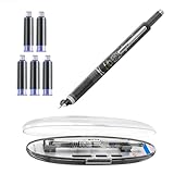 Porindisi Retractable Fountain Pen, 0.38mm Extra Fine Nib, Black Ink, Transparent Barrel, Refillable, Smudge Proof, 5 Ink Cartridges Included, Clictek Protective Method