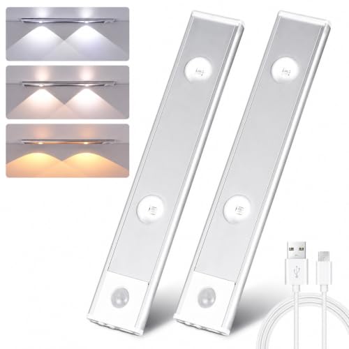 Image of FLYNGO Motion Sensor Under Cabinet LED Light, 3 Color Modes Closet Light with Stepless Dimming for Kitchen, Cabinet, Wardrobe, Bedroom, Cupboard (20CM - Pack of 2)