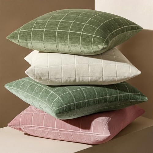 Image of MIULEE Sage Green Plaid Decorative Throw Pillow Covers 20x20 Set of 2 | Vintage Check Chenille Couch Pillows Neutral Boho Farmhouse Cushion Covers Modern Home Decor for Sofa Bed Living Room