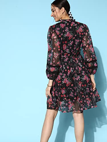 Image of ishin Women's Chiffon Black Lurex Embellished A-Line Belted Dress