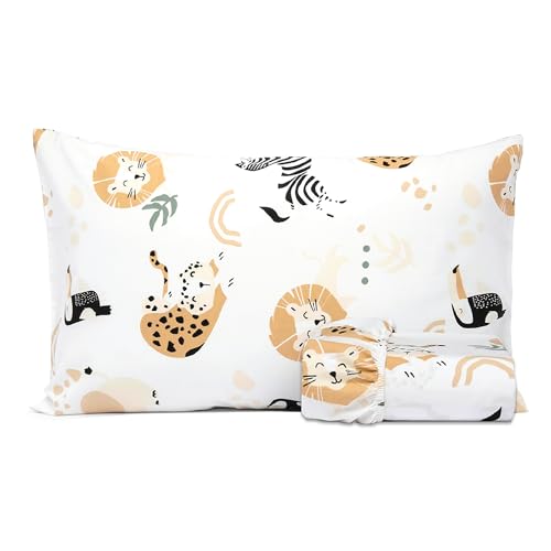 Salt Earth 100% Cotton 210TC Kids Bedsheet, Twin Fitted Sheet, Toddler Bed, 2 Piece Bedding Set- 1 Fitted Sheet and 1 Pillowcase, Themed Toddler Bed Sheets, Cute Sheets for Kids Bed (Jungle)