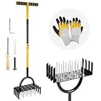 2 in 1 Rasenlüfter, Manuell Aerifizierer für Rasen mit 16 Eisenspikes und 8 Entkernungslöcher, T-Griff Rasenbelüfter mit Reinigen Sie den Griff und Handschuhe, Rasen Belüften für Höfe, Garten