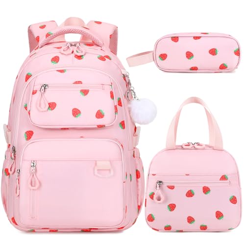 Bevalsa Backpack for Girls 3PCS Teen Girls Pink Backpack for School with Lunch Bag Pencil Case Cute Kids Laptop Backpacks Bookbag for Elementary Middle High School College Student (Strawberry)
