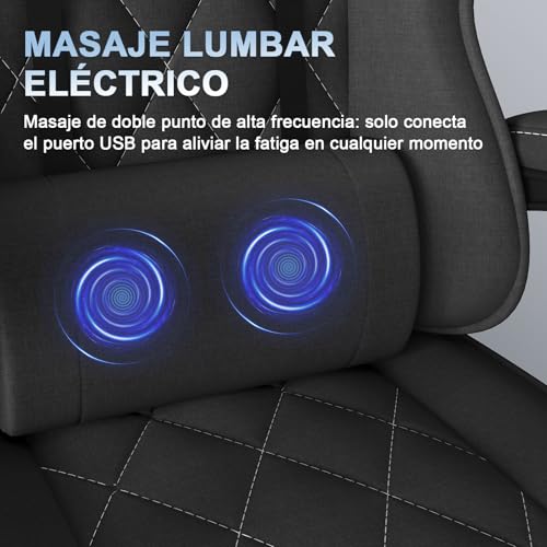 Miniatura 8 de Devoko Silla Gaming Ergonómica De Tela Transpirable Con Masaje Lumbar Y Reposapiés Retráctil, Silla Gamer Reclinable Con Muelles Ensacados Y Espuma Viscoelástica, Base Metálica, 150 Kg, Negro