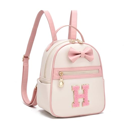 I IHAYNER Mochila de couro pequena com laço com inicial para meninas, mini mochila personalizada, presente moderno para mulheres, Rosa - h, Small, Mochilas de viagem