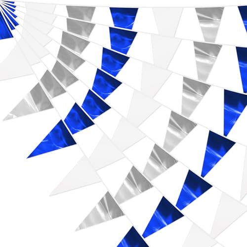 Image of 65FT Navy Blue White Silver Glitter Triangle Pennant Banner Flag Metallic Bunting Fabric Garland for Christmas Graduation Wedding Bridal Shower Nautical Ahoy Achor Theme Party Decorations Supplies