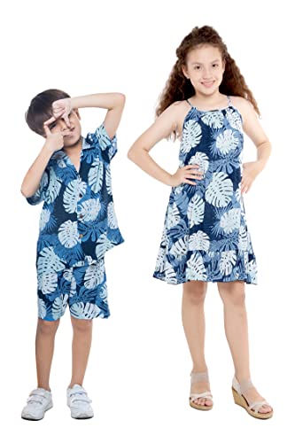 Matching Hawaiian Luau Sibling Boy Girl Round Neck Dress Aloha Shirt in Pacific Palm Navy