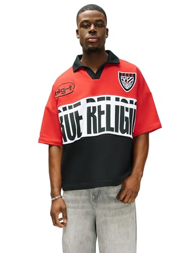 True Religion Mens Oversized Jersey Polo Shirt Breathable Fabric Relaxed Fit Red/White/Black Small