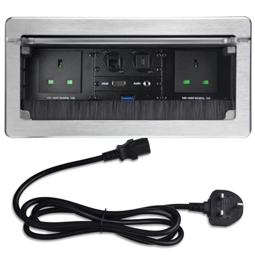 Image of Conference Table Power hub with 2 AC Power+1 HDMI+1 RJ45+1 USB3.0 +1 USB-C (port line0.26) +1 3.5mm Audio with 5.58ft Power Cord,Tabletop Multimedia Connectivity Box for Conference Room (silver)