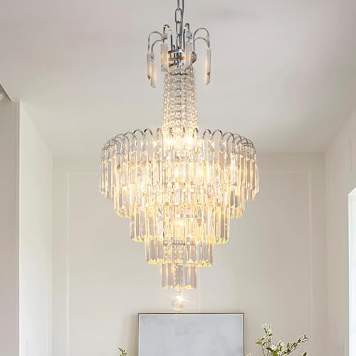 CRYSTOP Sliver Flush Mount Ceiling Light, Classy Tear Drop Crystal Chandelier for Foyer, Luxury 5-Tier Chrome Pendant Light Fixtures for Entryway Living Room D15.7 X H29.1