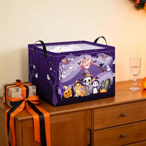 Image of Purple Spooky Night Halloween Basket with Kitten Puppy Ghost Prints,Trick or Treat Storage basket for Gifts and Party Stuffers(Kitten Puppy Skeleton)