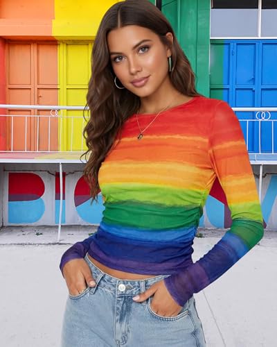 Image of MOUSYA Sheer Tops for Women Mesh Long Sleeve Top See Through Sexy Going Out Tee Summer Crewneck Party Undershirt