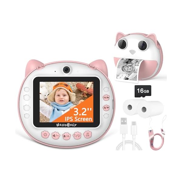 HelloBaby Instant Print Camera for Kids, 1080P HD Digital Video Cameras for Toddler, Portable Travel Camera Toy for 3-12 Years Old Girl with 16GB SD Card-Pink, 3.2 Inch IPS Screen Kids Instant Cameras