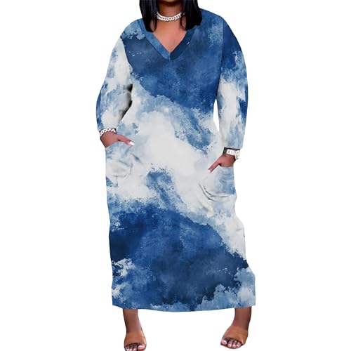 Image of Plus Size Maxi Dress for Women Short Sleeve V Neck Casual Loose Sundress with Pockets