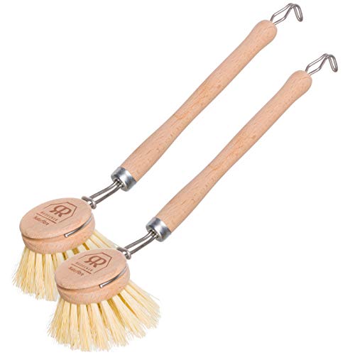 Image of Redecker Dish Brush, Tampico Fiber, 1-1 /2 Inch Round, 2 Pack - Wooden Dish Scrub Brushes for Everyday Cleaning, Untreated Beechwood, Made in Germany