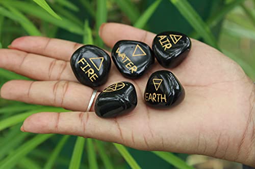 Jet International Black Jasper 5 Element Tumbled Stones Thick Genuine Earth Wiccan Pagan Pouch Gift Air Water Earth Fire Spirit Pentacle Star Spiritual Psychic Metaphysical #TOP22
