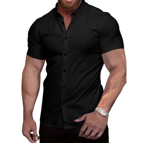 Men’s Slim fit Muscle Dress Shirts Short Sleeve Button Down Shirts for Men Wine Red