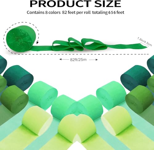 Crepe Paper Streamers 8 Rolls 656ft，GreenParty Decorations Streamers (1.8 Inch x 82 Ft/Roll)，for Birthday Decorations, Wedding Decorations, St. Patrick's DayDecorations