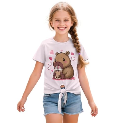 Short Sleeve Tops for Girls 5-12 Back to School Home Casual Sweatshirt Lace Up T-Shirt