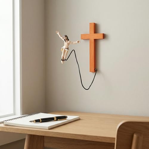 Cruz de resina Jesús artesanía sacra de alta fidelidad con acabado madera 7
