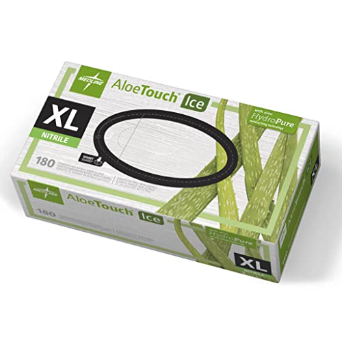 Medline AloeTouch Ice Nitrile Exam Gloves, 180 Count, X-Large, Powder Free, Disposable, Soothes Hands, Tear Resistant, Multi-use Healthcare Tasks