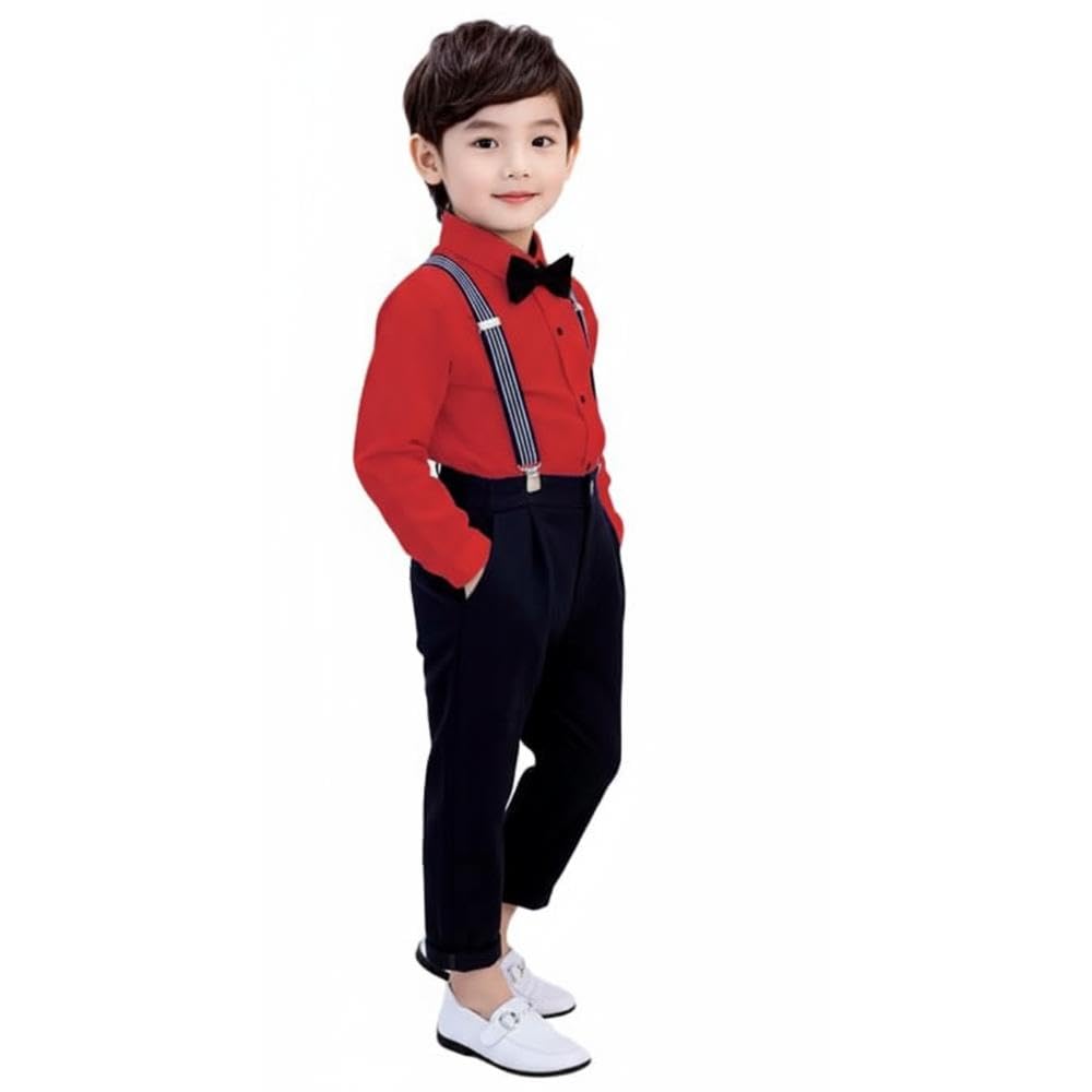 ROYALICA Kinderbekleidung für Kinder, Baumwollmischung, Set aus Hemd und Hose, langärmelig, mit Trägern und Fliege, für Kinder, Rot, 6 Jahre